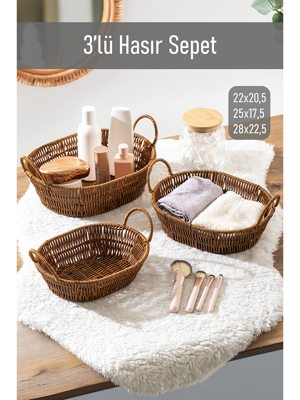 Porsima Kahverengi 302-C Oval 3'lü Hasır Sepet Dekoratif Ev Düzenleyici Hasır Sepet Seti Banyo Düzenleyici Sepet