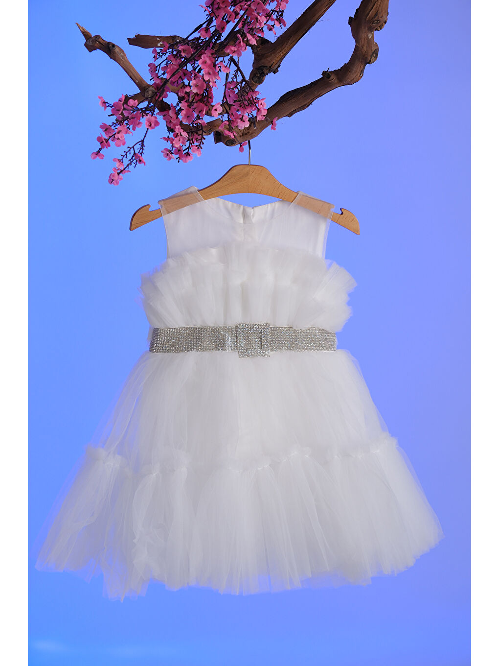 Beyaz Kristal Taş Kemer Detaylı Kat Kat Tül Kız Çocuk Abiye ABY.8987