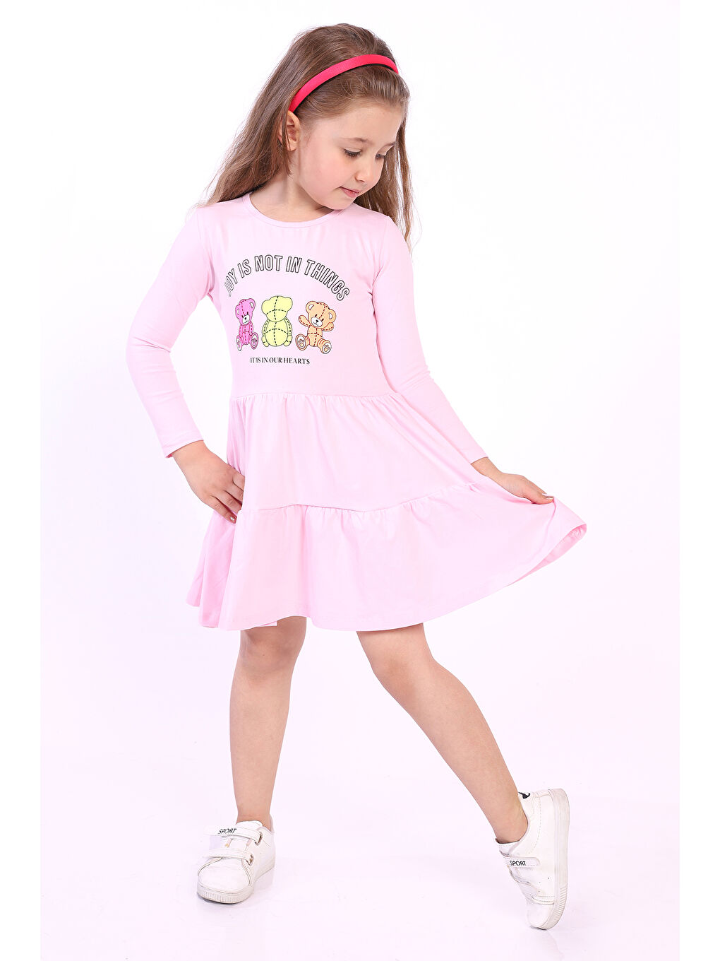 Pembe Kız Çocuk Ayıcık Baskılı Elbise-1
