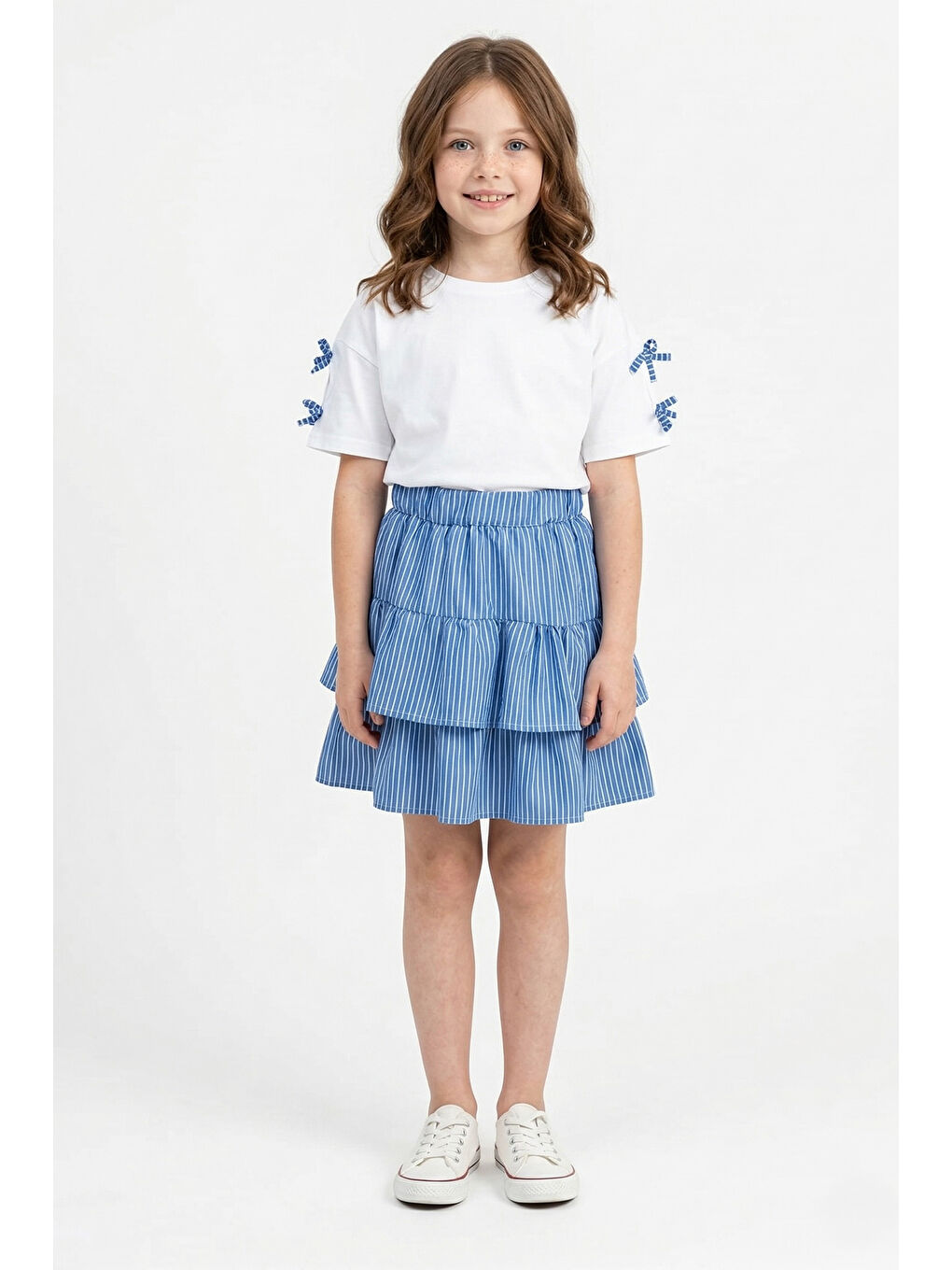 Lacivert Fiyonklu Çizgili Kız Çocuk Etekli 2 Li Takım-1