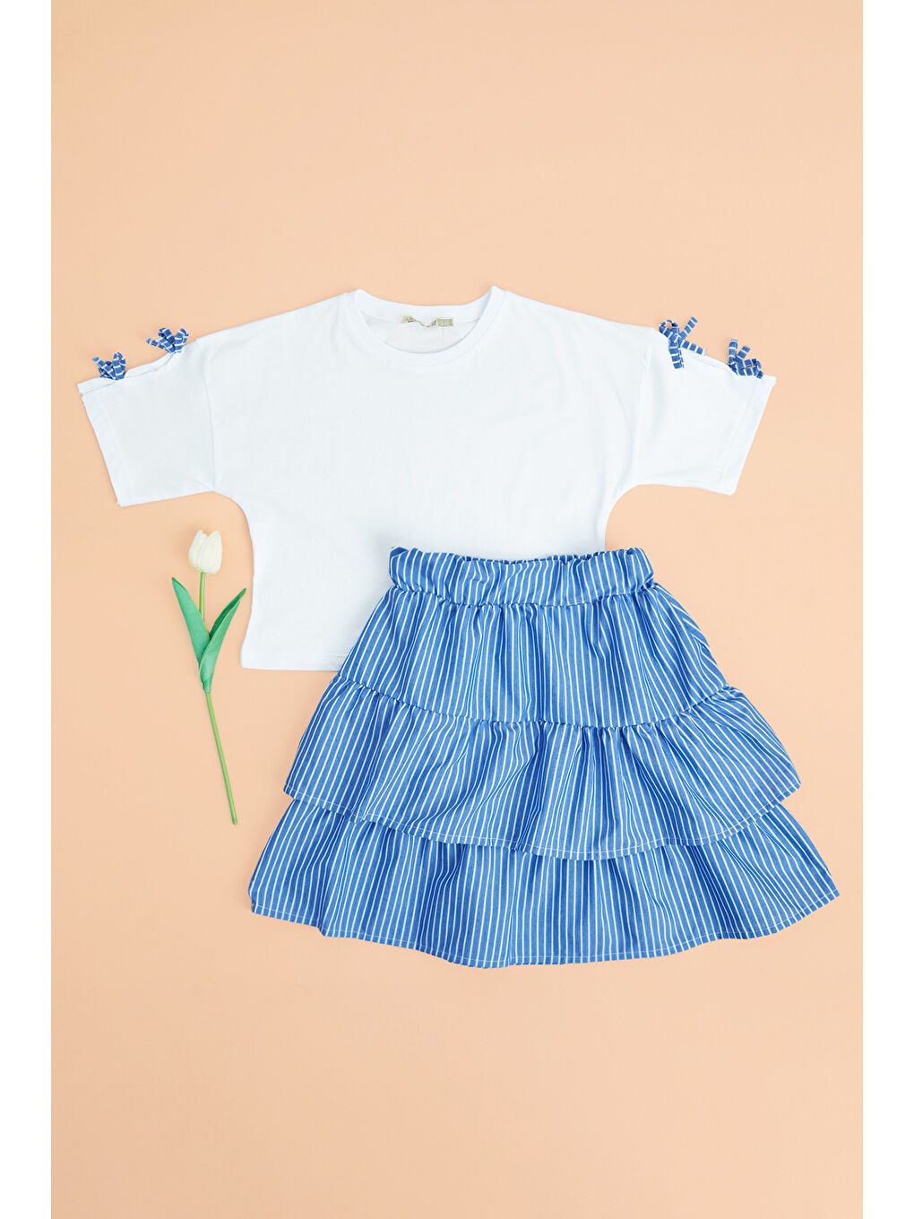 Lacivert Fiyonklu Çizgili Kız Çocuk Etekli 2 Li Takım-2