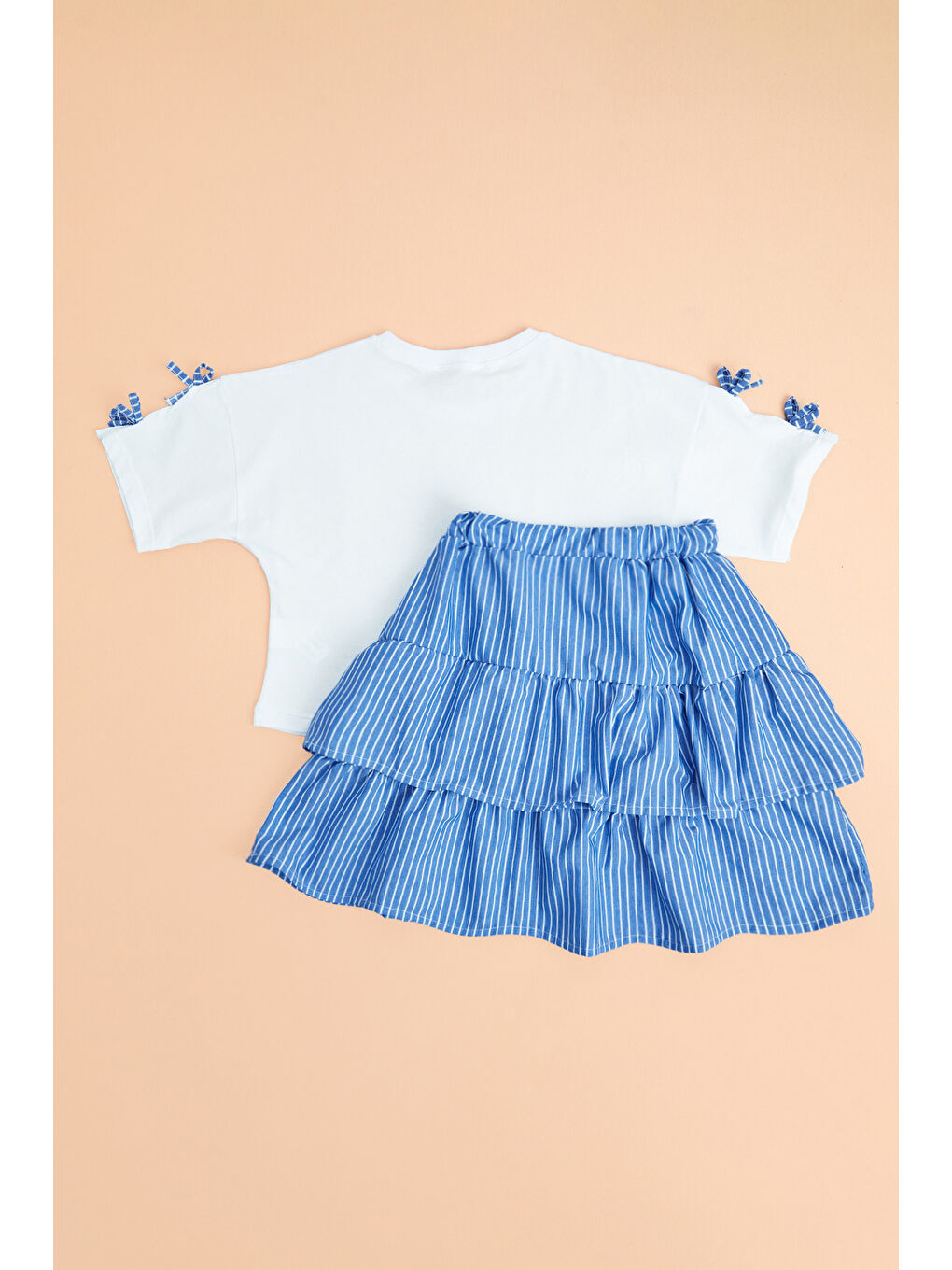 Lacivert Fiyonklu Çizgili Kız Çocuk Etekli 2 Li Takım-3