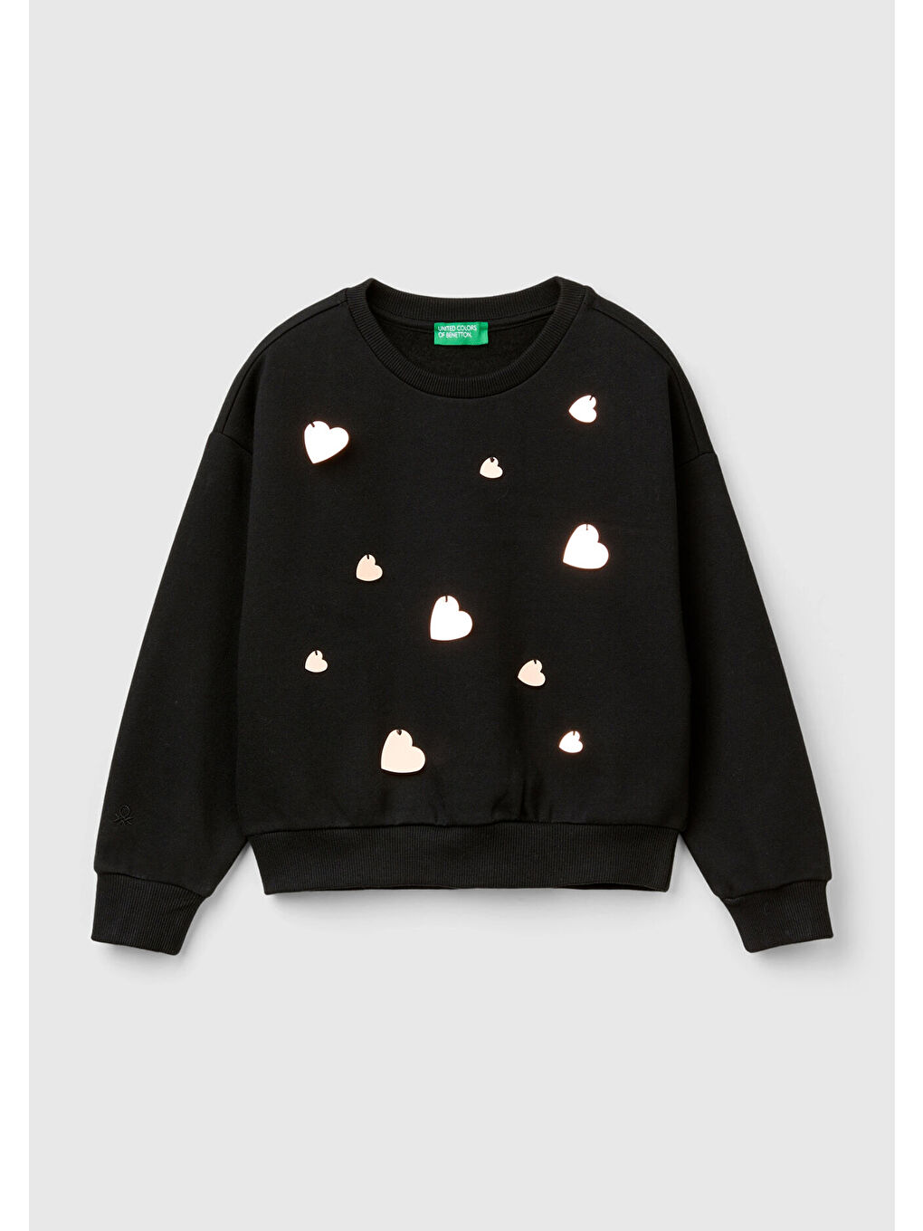 Kız Çocuk Siyah Önü Kalpli Payetli Düşük Omuz Bisiklet Yaka Sweatshirt