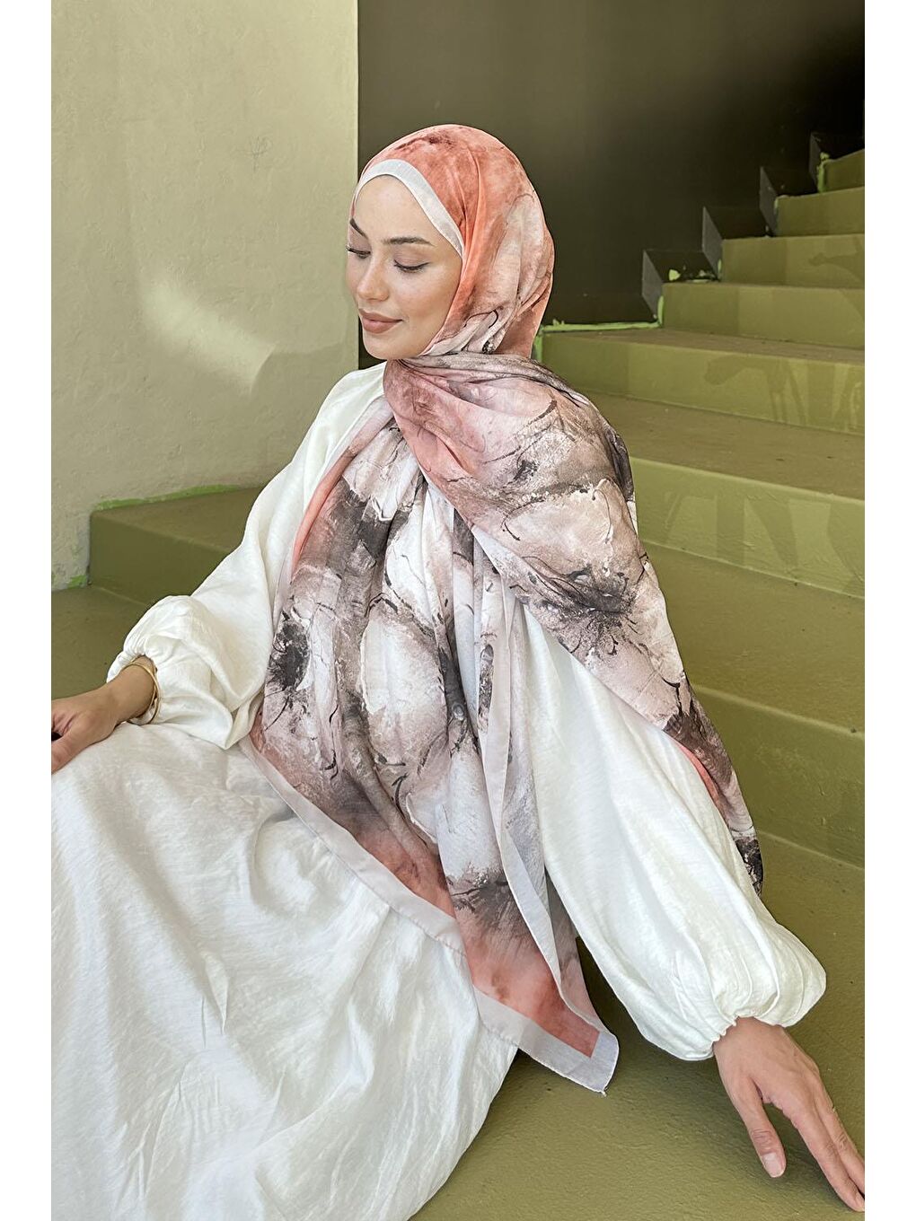 Bohem Çiçek Desen Soft Şal Bej-2