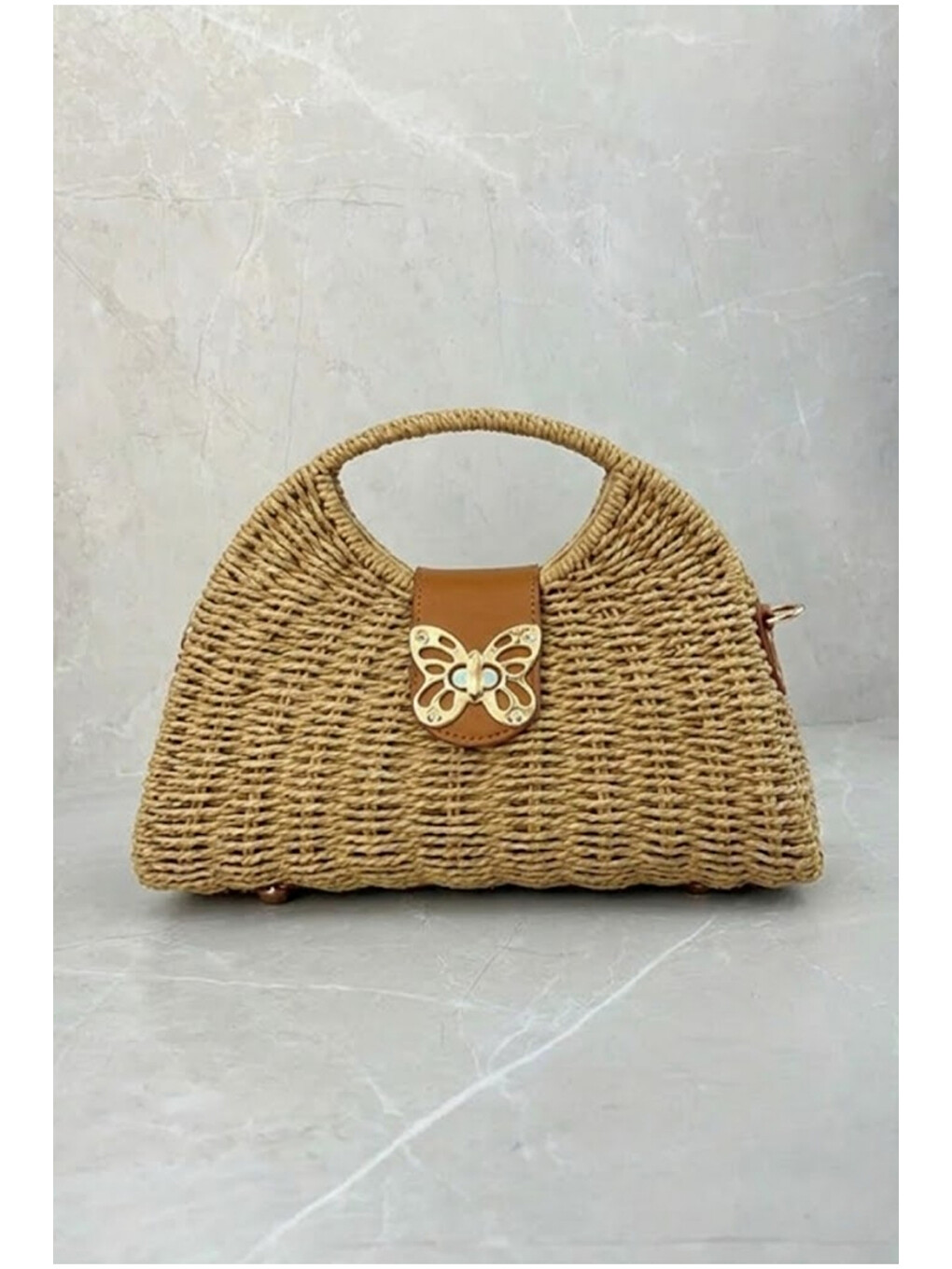 Kahverengi Kelebek Detaylı Küçük Boy Camel Hasır Çanta 20x27 CNT1032