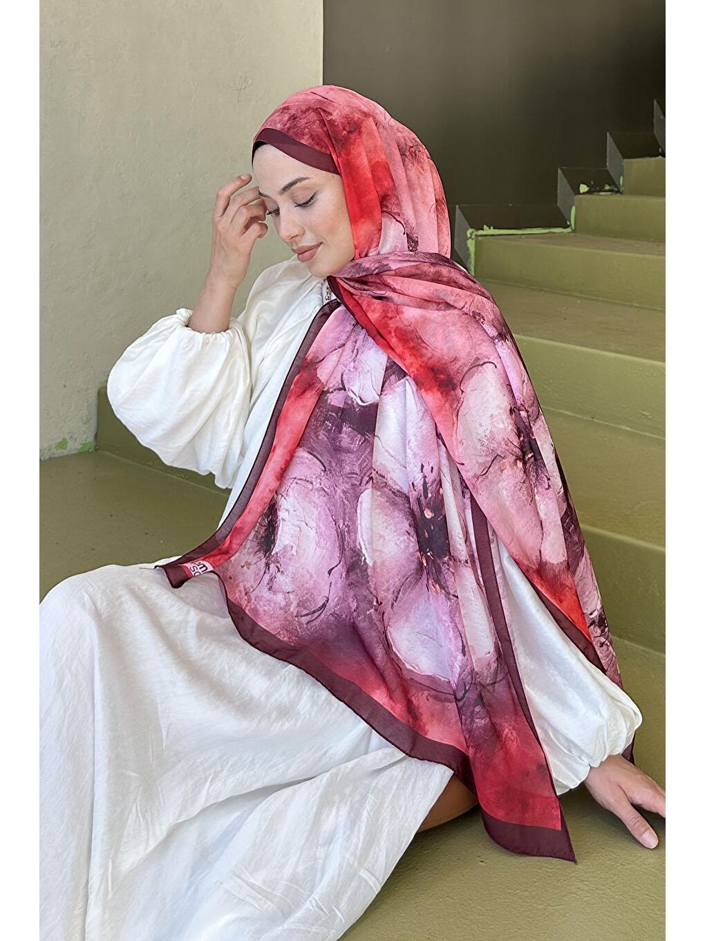 Bohem Çiçek Desen Soft Şal Bordo-2