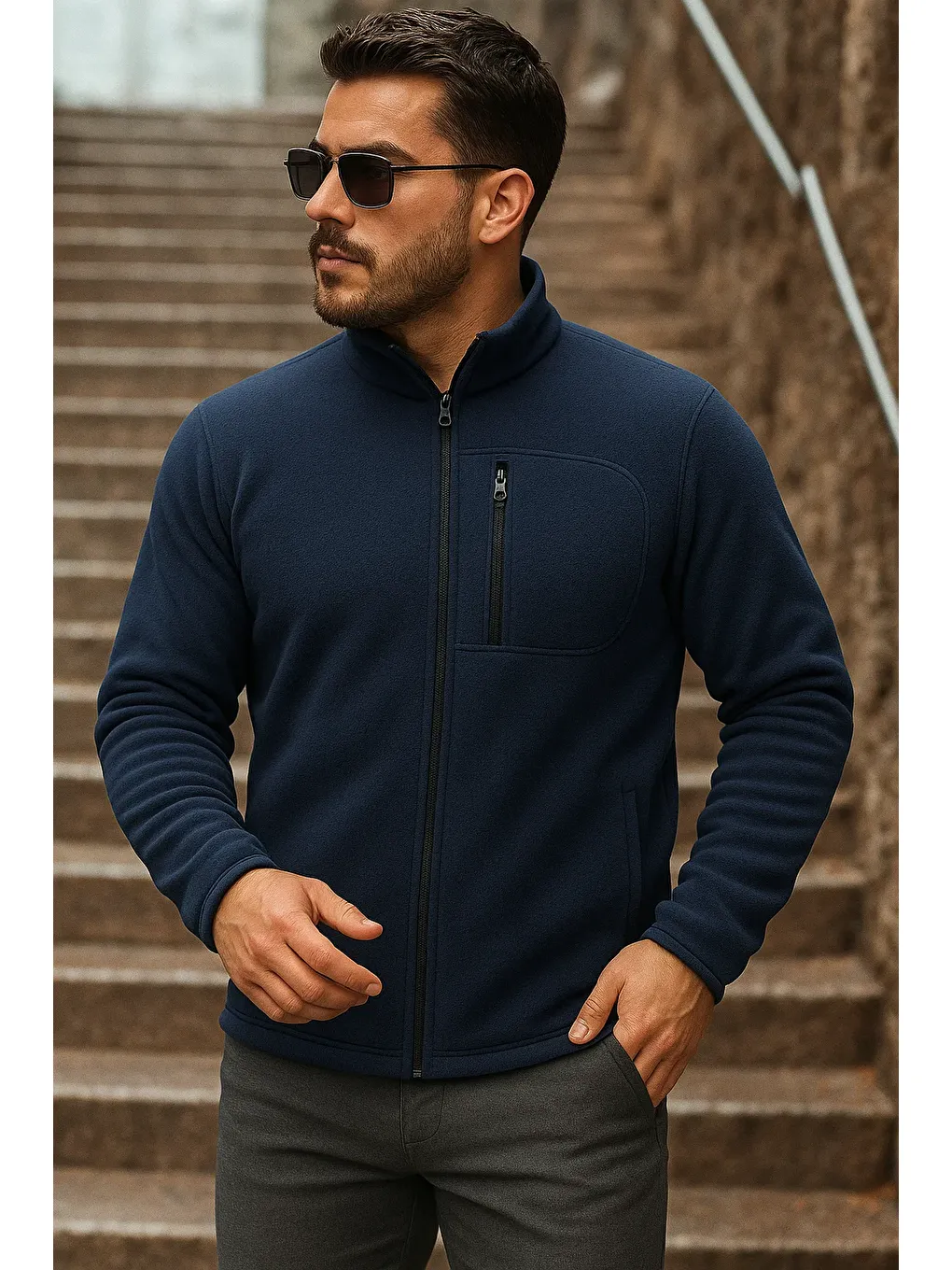 Erkek Fermuarlı Trend Kışlık Cepli Lacivert Polar Hırka-1