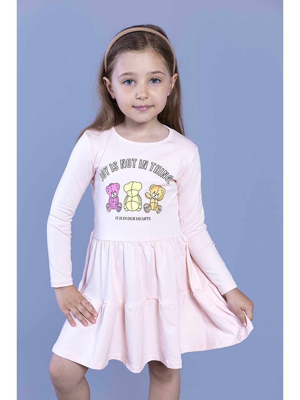 Pembe Kız Çocuk Ayıcık Baskılı Elbise-2
