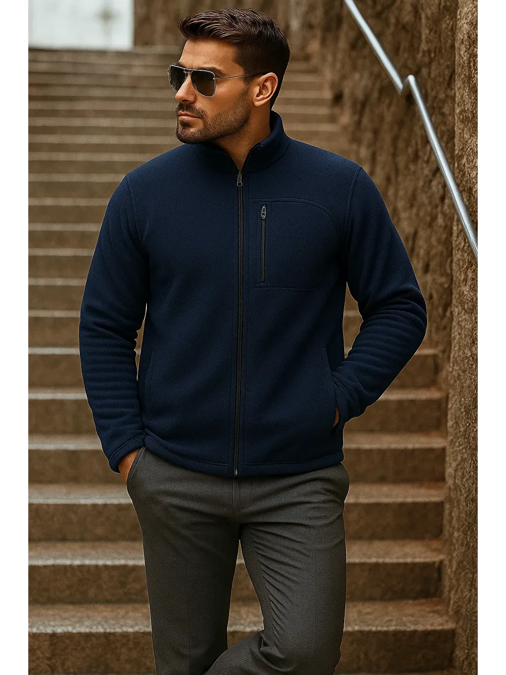 Erkek Fermuarlı Trend Kışlık Cepli Lacivert Polar Hırka-2