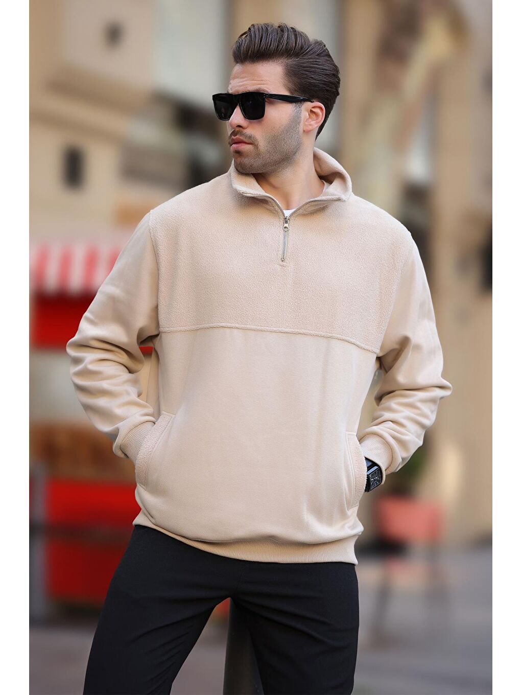 Madmext Bej Dik Yaka Yarım Fermuarlı Polar Sweatshirt 7096