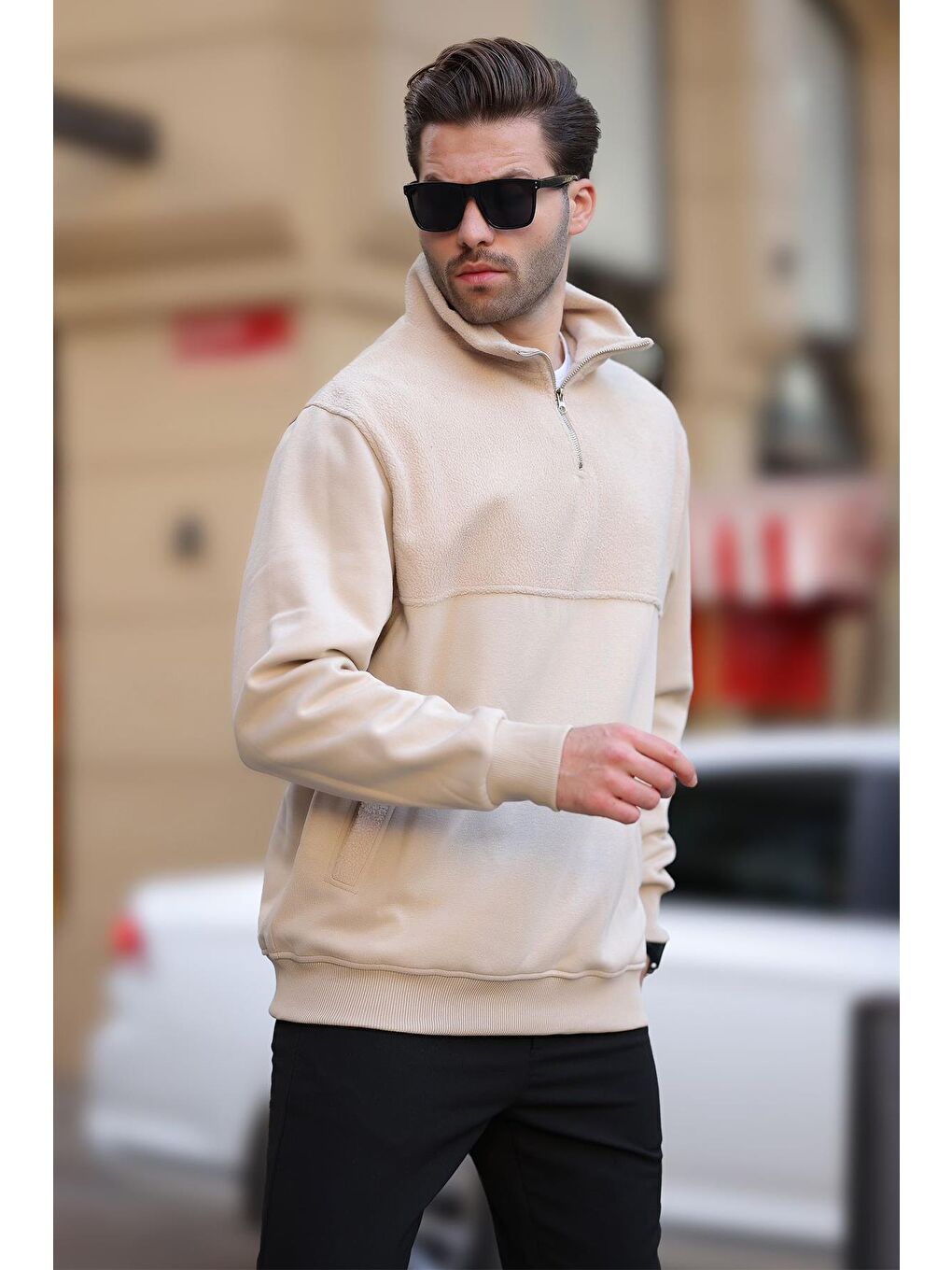 Madmext Bej Dik Yaka Yarım Fermuarlı Polar Sweatshirt 7096 - 1