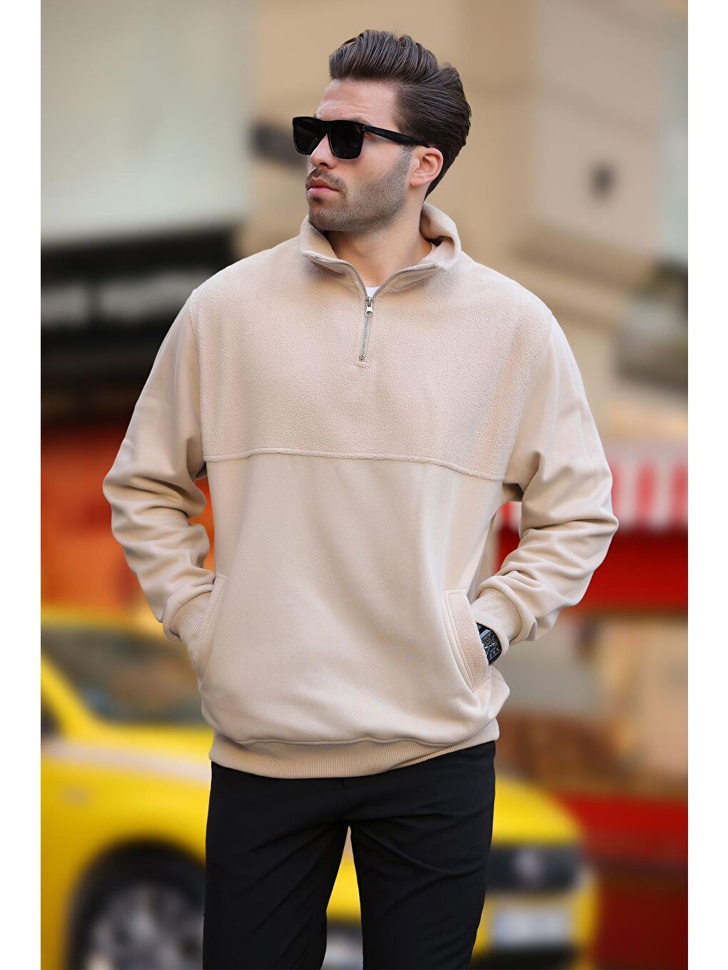 Madmext Bej Dik Yaka Yarım Fermuarlı Polar Sweatshirt 7096 - 2