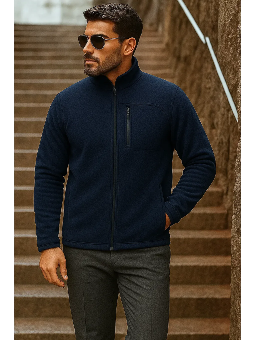 Erkek Fermuarlı Trend Kışlık Cepli Lacivert Polar Hırka-3