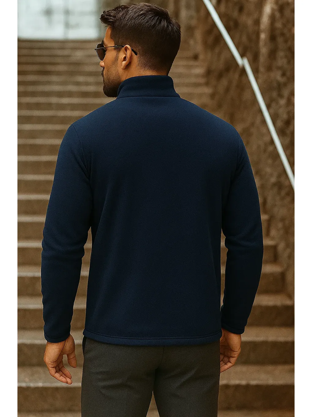 Erkek Fermuarlı Trend Kışlık Cepli Lacivert Polar Hırka-4