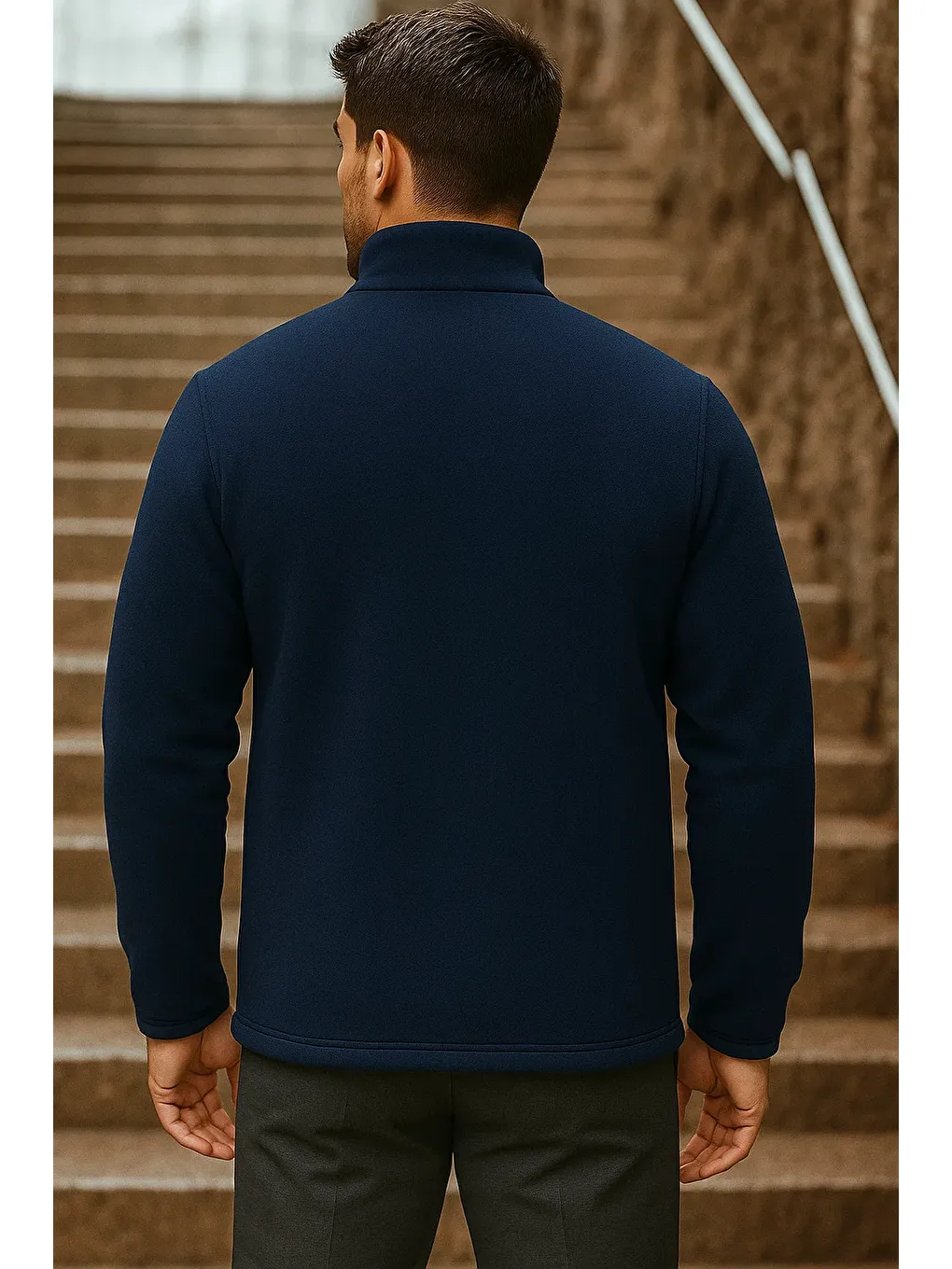 Erkek Fermuarlı Trend Kışlık Cepli Lacivert Polar Hırka-5