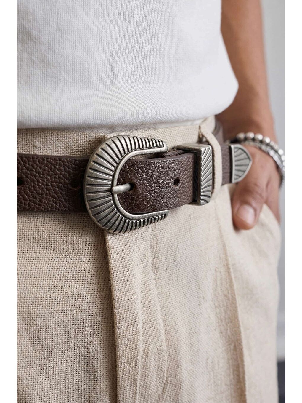 Erkek Western Toka Detaylı Deri Kemer Kahverengi-1