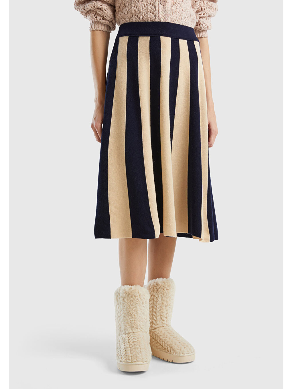 Kadın Lacivert-Bej  Yün Karışımlı Çizgili Triko Etek