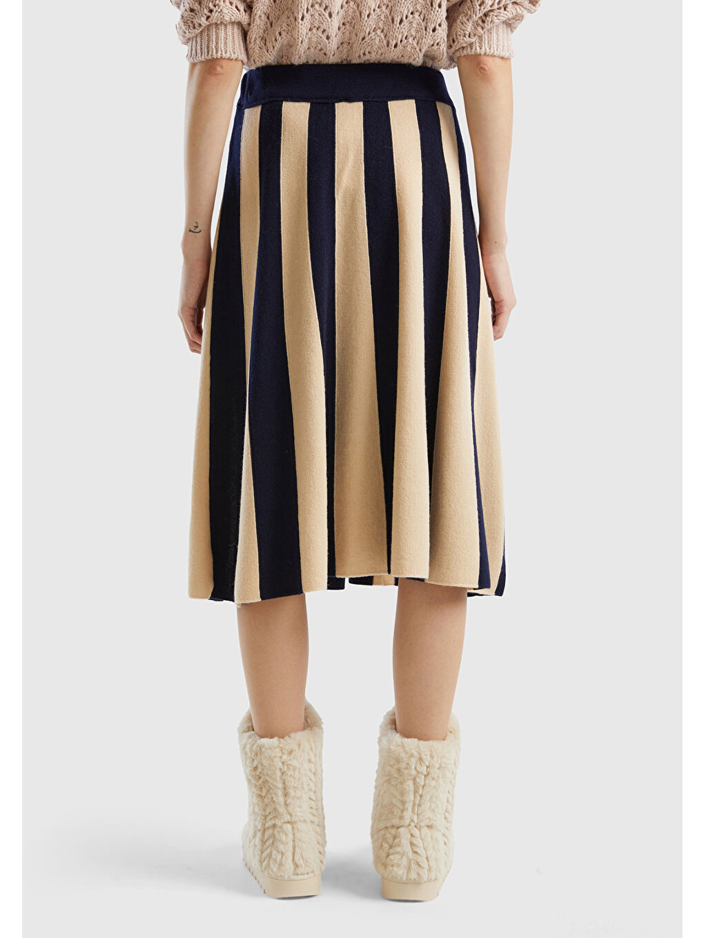 Kadın Lacivert-Bej  Yün Karışımlı Çizgili Triko Etek-2
