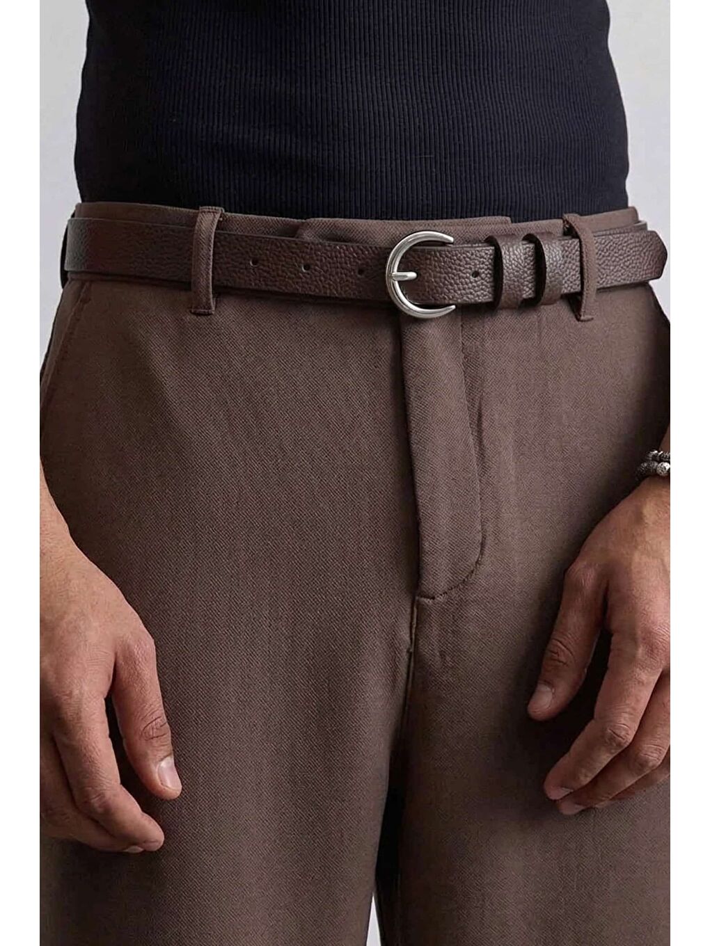 Erkek Smart Casual İnce Metal Tokalı Kemer Kahverengi-1