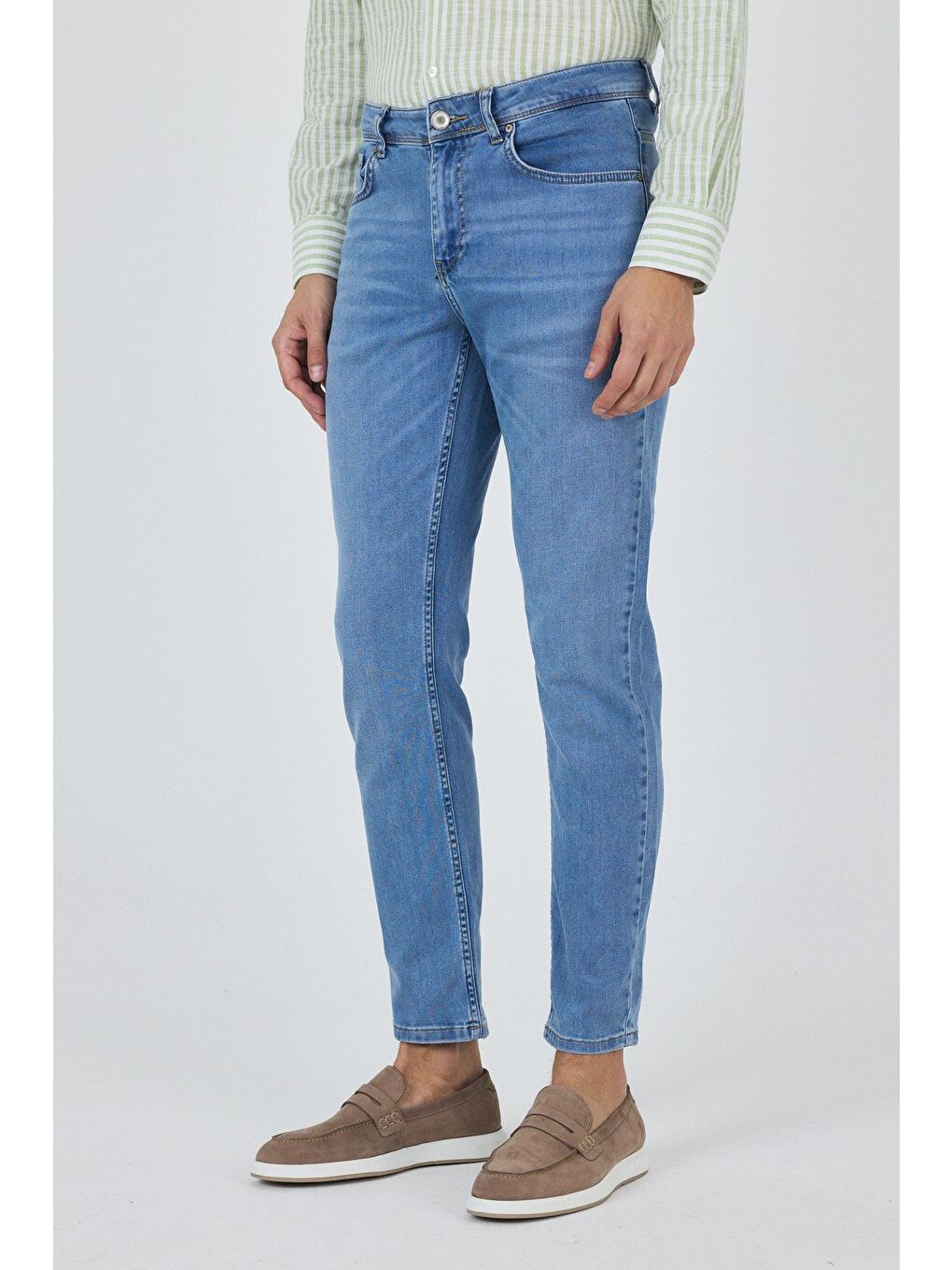 Koyu Mavi Gabardin 5 Cep Düz Paça Casual Slim Fit Pamuklu Denim Pantolon 1023250156-1