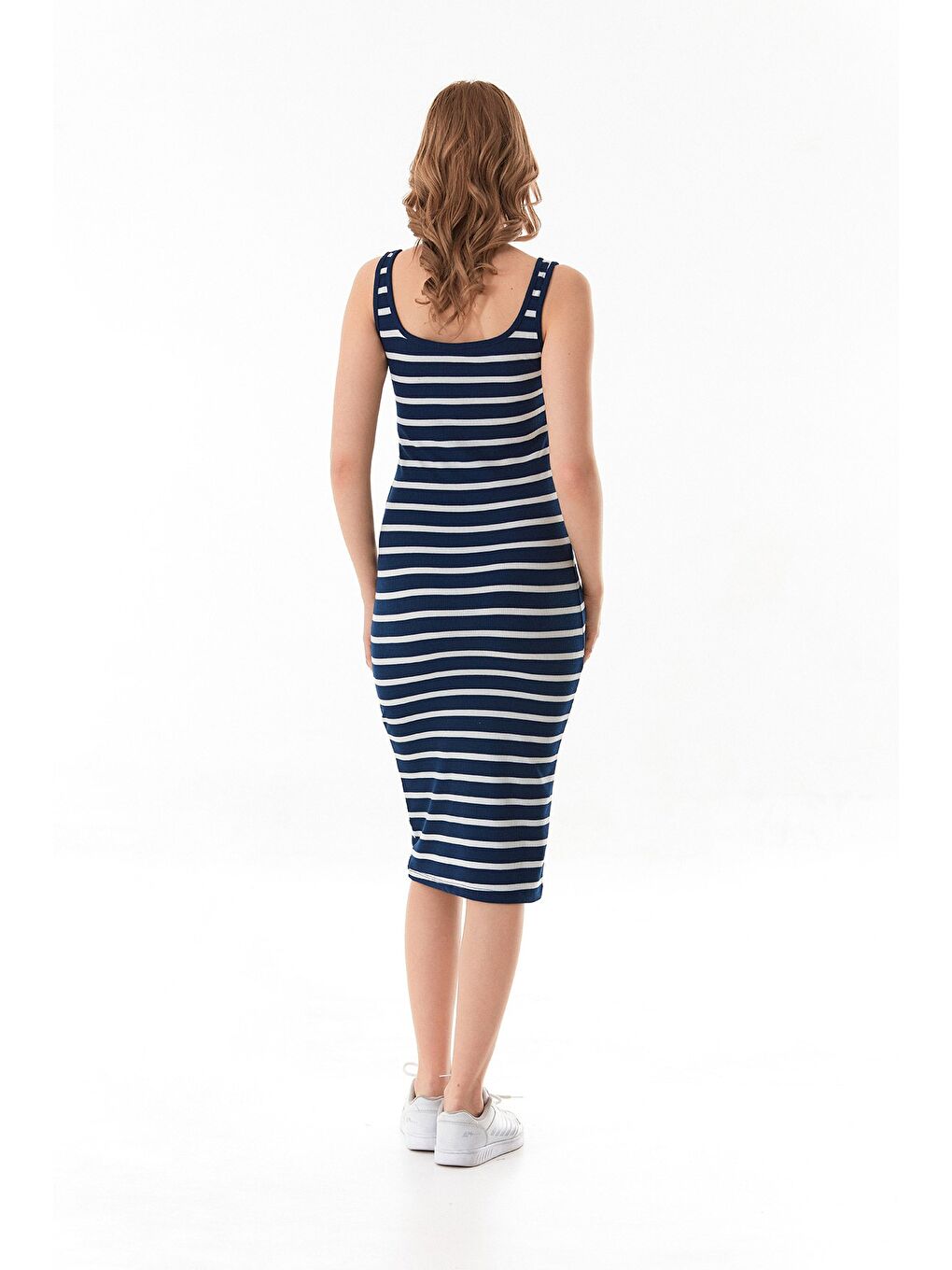 Lacivert Basic Fitilli Çizgili Elbise-2