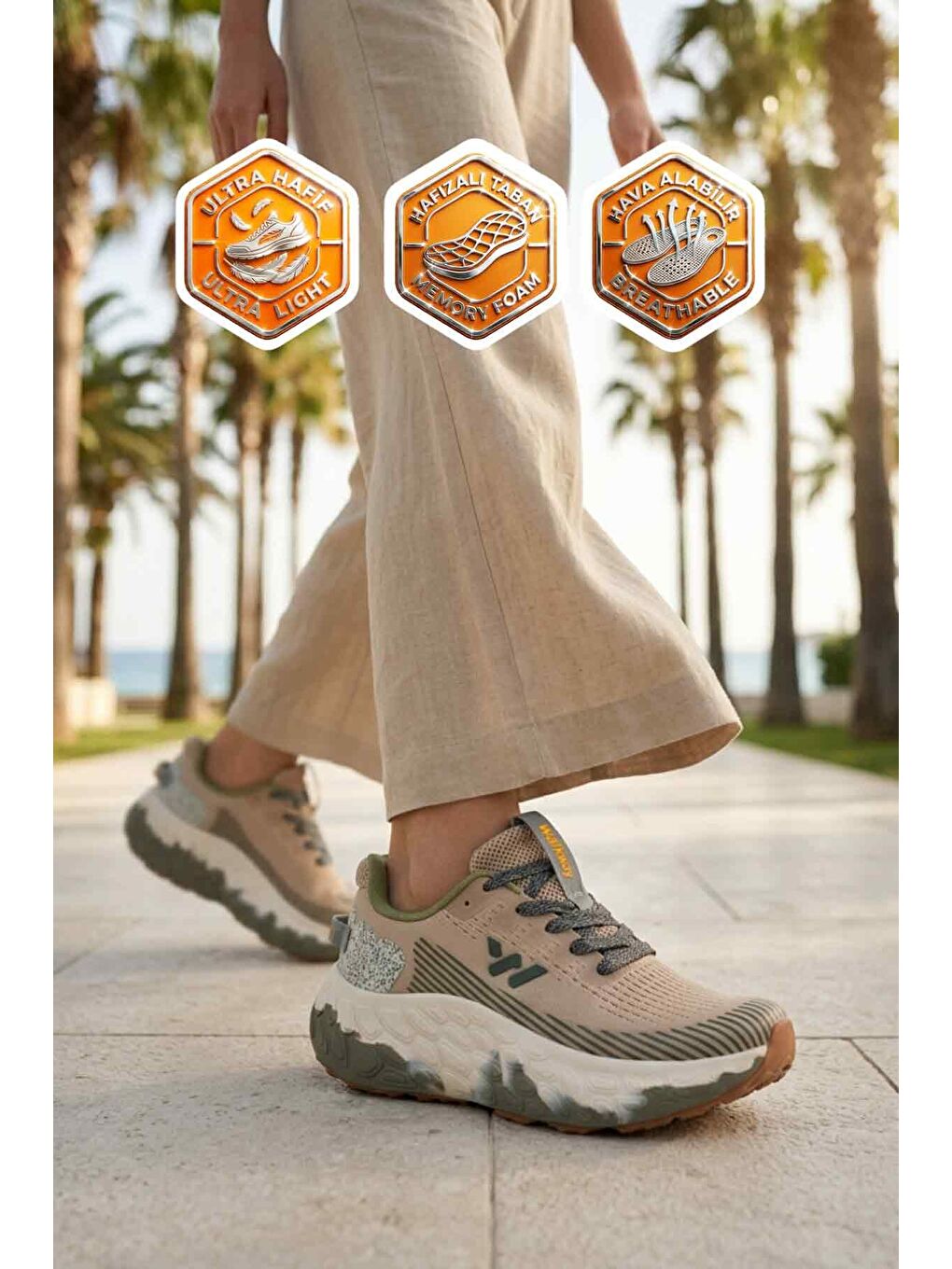 Bej Fileli Hafif Esnek Hafızalı Taban Unisex Spor Ayakkabı Flystep G-1