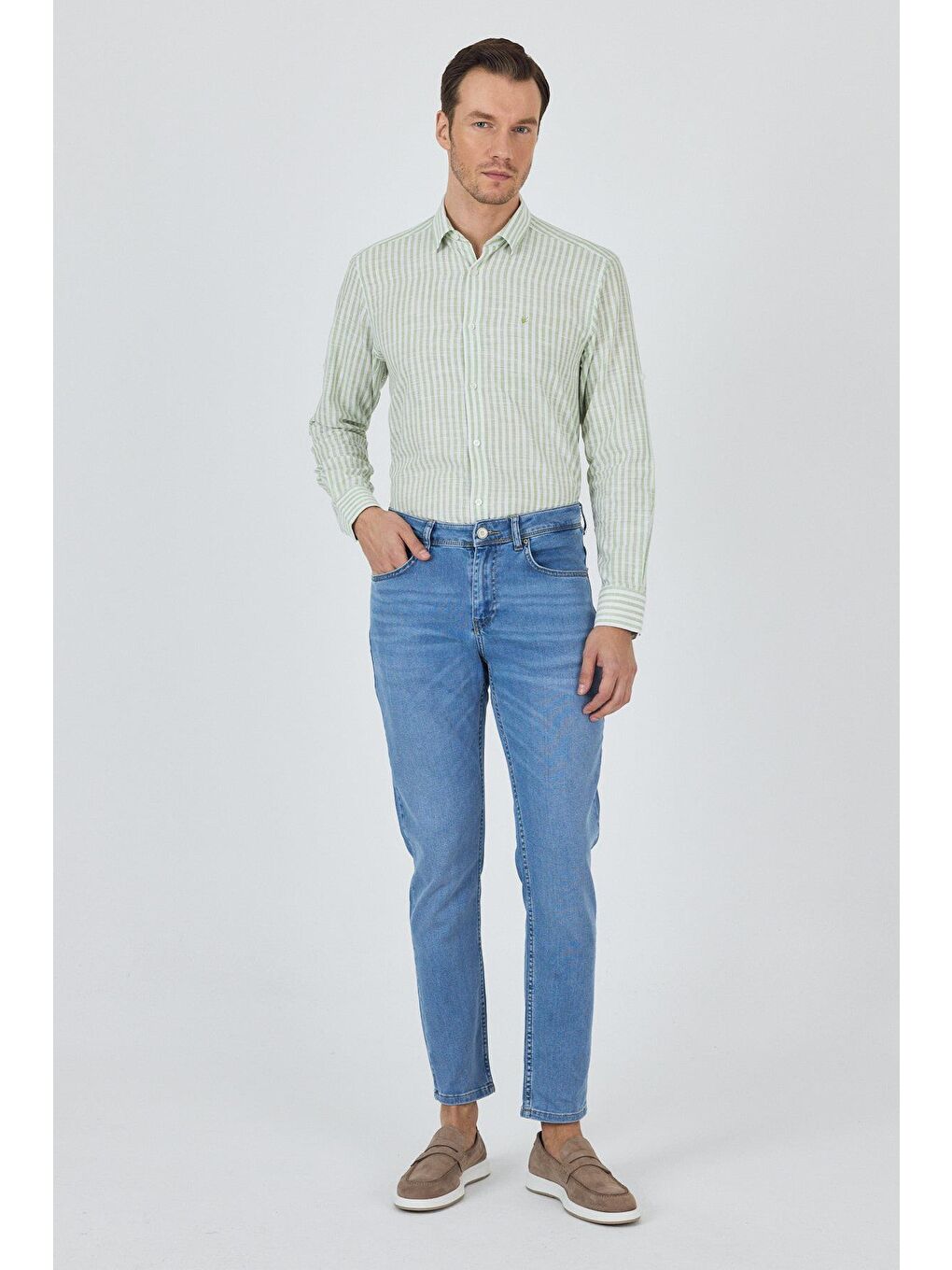 Koyu Mavi Gabardin 5 Cep Düz Paça Casual Slim Fit Pamuklu Denim Pantolon 1023250156-3