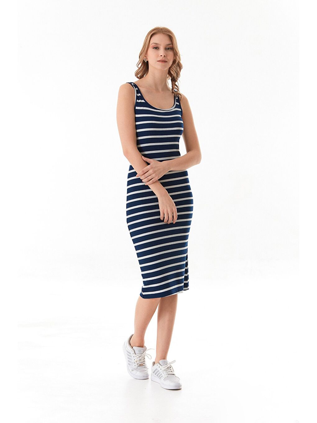 Lacivert Basic Fitilli Çizgili Elbise-4