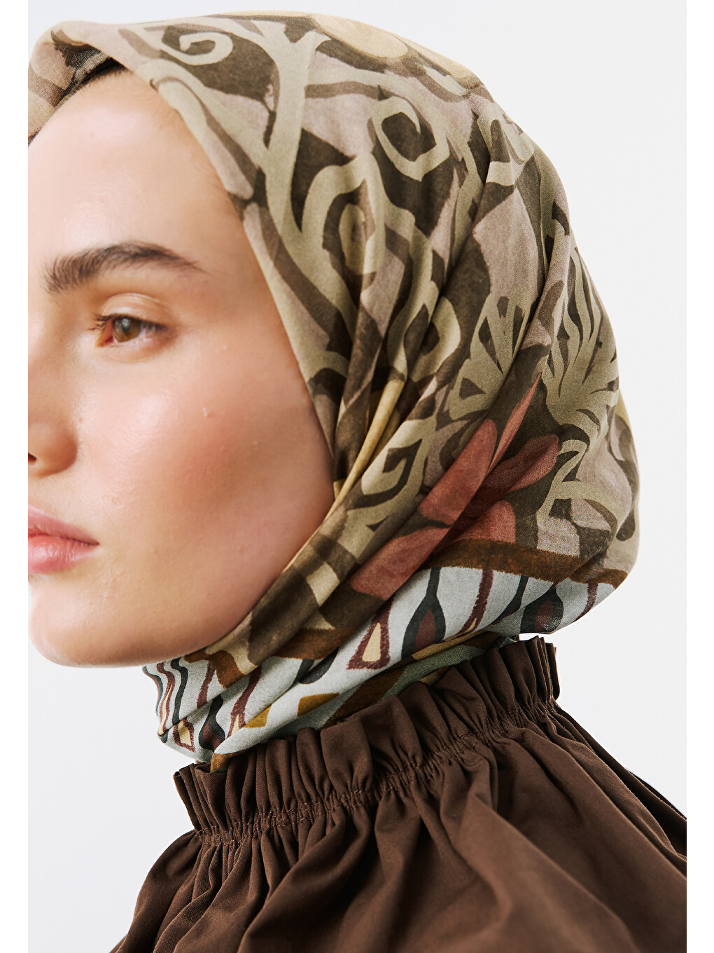 Kahverengi Bloom Geometry Desen Vual Eşarp Kahve-2