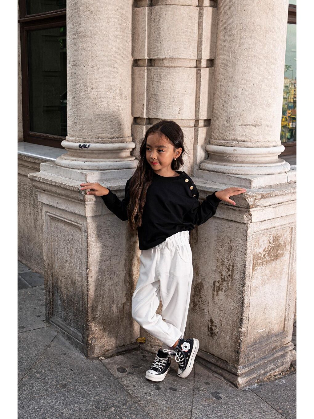 2'Li Omuz Düğmeli Bel Fırfırlı Ekru Gabardin Pantolon Takım-3