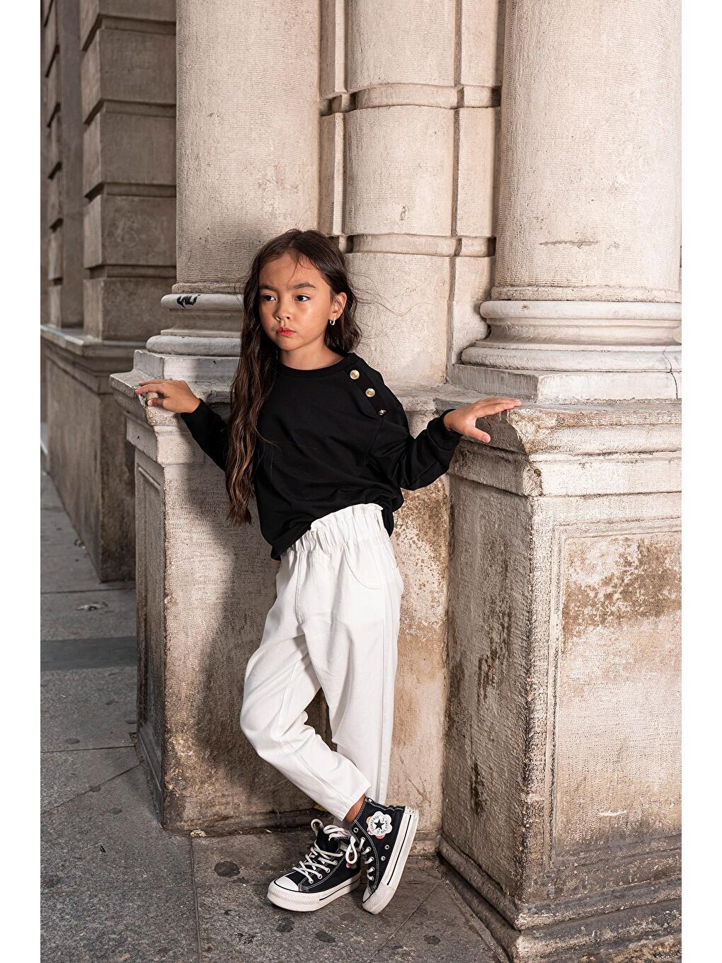 2'Li Omuz Düğmeli Bel Fırfırlı Ekru Gabardin Pantolon Takım-4