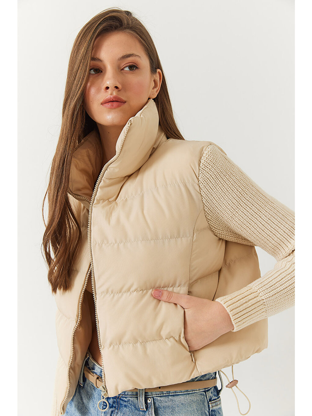 Bej Kadın Triko Kol Hakim Yaka Şişme Mont-3