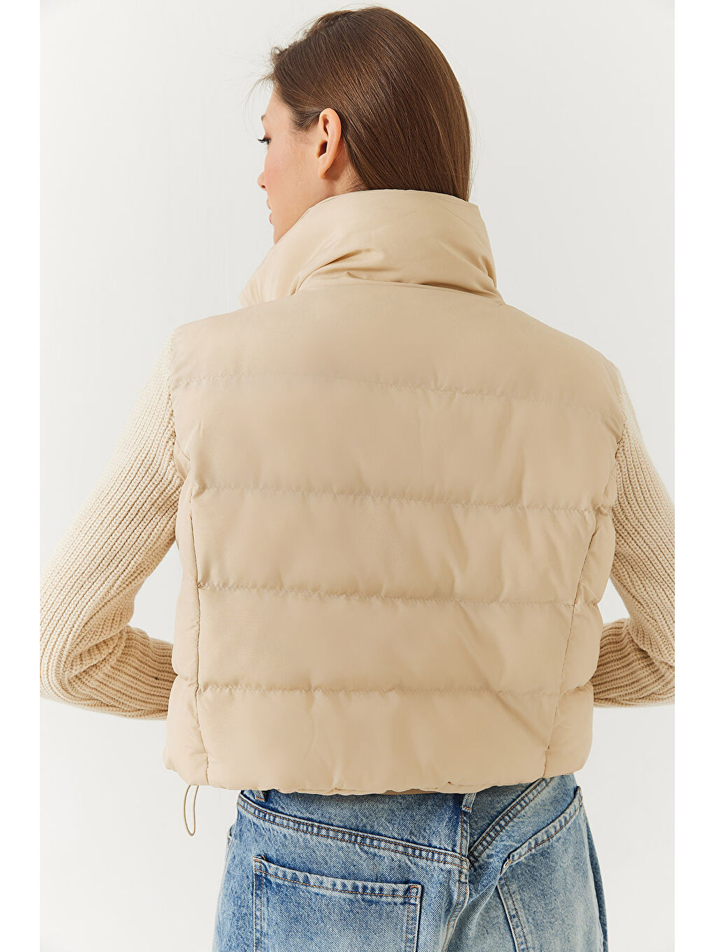 Bej Kadın Triko Kol Hakim Yaka Şişme Mont-5