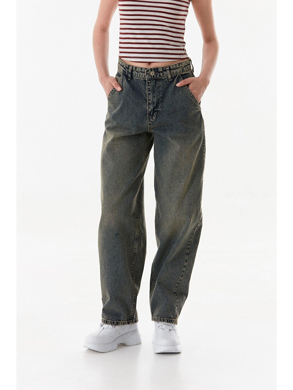 Mavi Eskitme Görünümlü Yüksek Bel Skater Jean-1