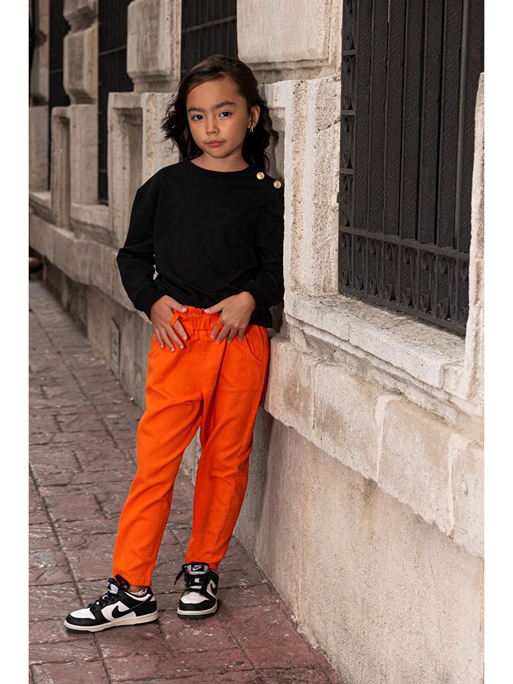 2'Li Omuz Düğmeli Bel Fırfırlı Turuncu Gabardin Pantolon Takım-1