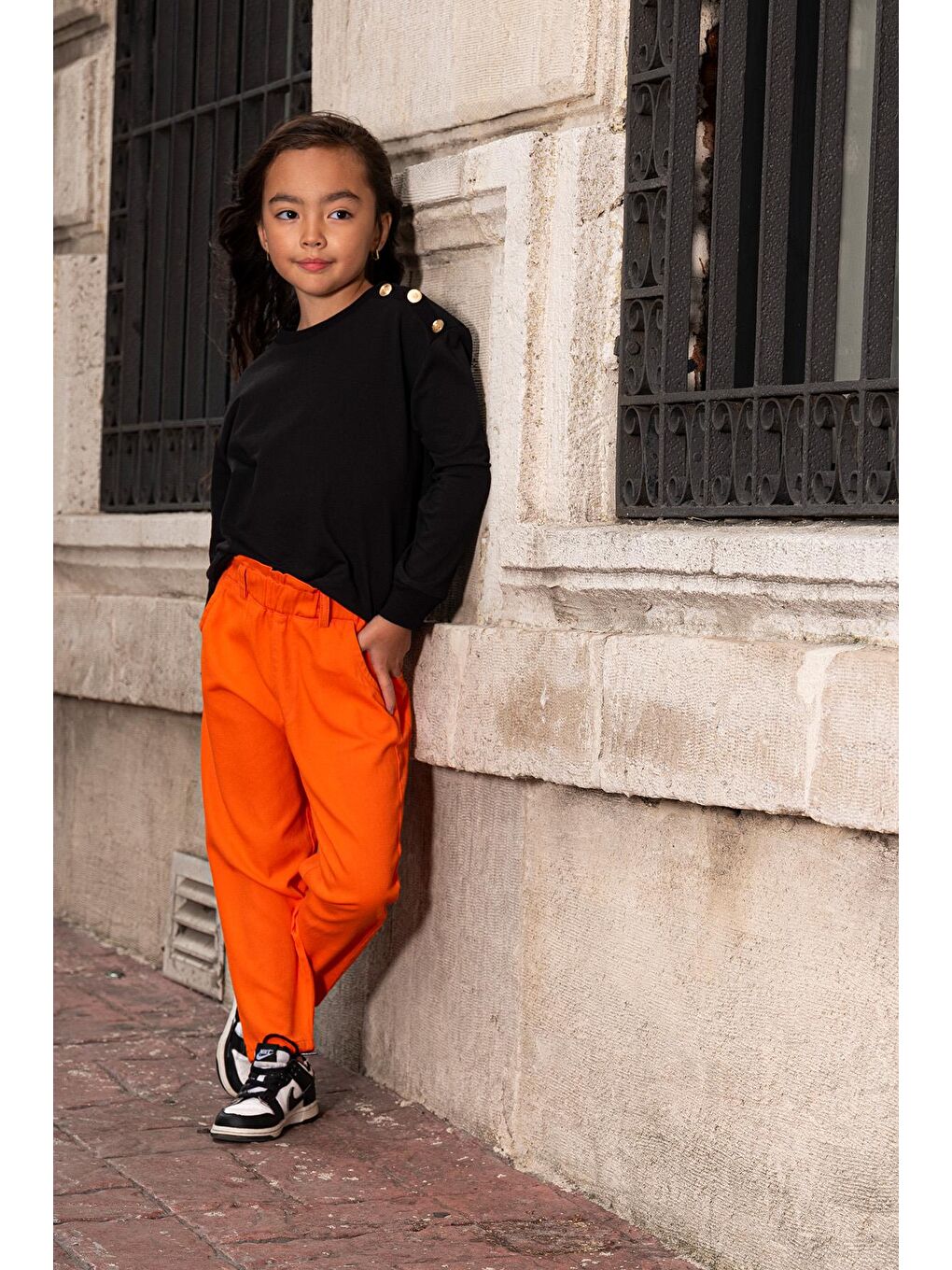 2'Li Omuz Düğmeli Bel Fırfırlı Turuncu Gabardin Pantolon Takım-2