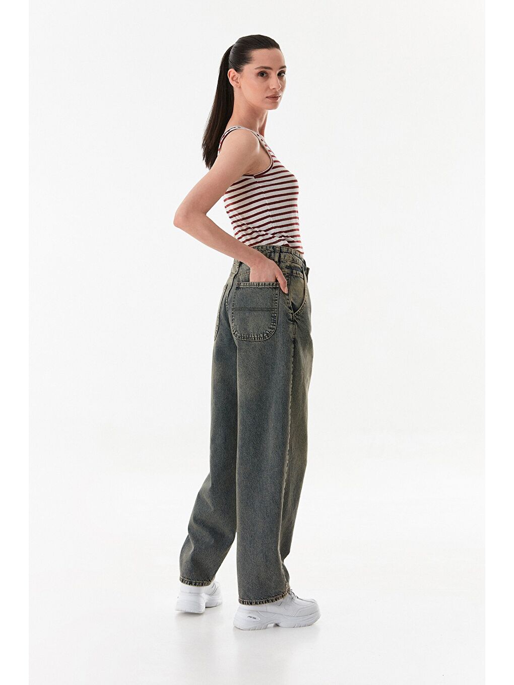 Mavi Eskitme Görünümlü Yüksek Bel Skater Jean-3