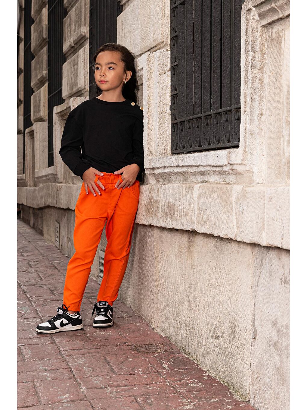 2'Li Omuz Düğmeli Bel Fırfırlı Turuncu Gabardin Pantolon Takım-3