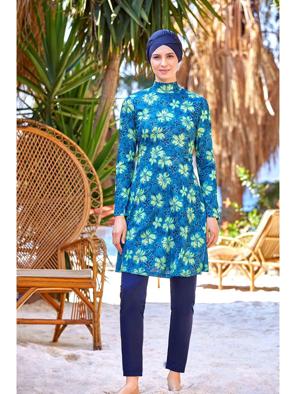 Petrol Desenli 4 Lü Tesettür Mayo