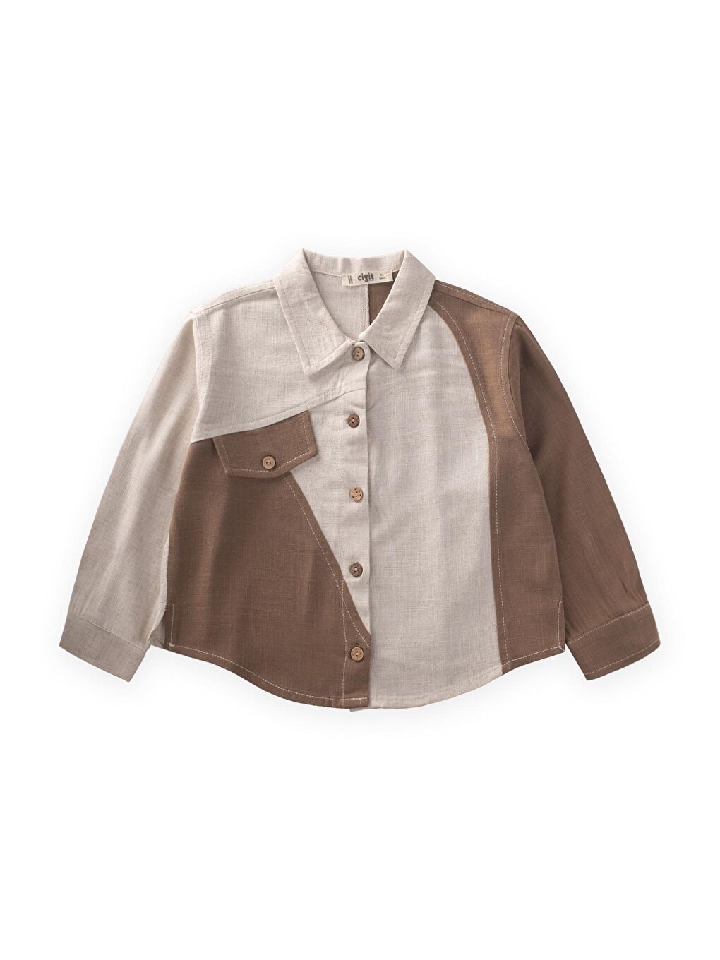 Bej İki Renkli Keten Gömlek 2-7 Yaş Naturel-Caramel