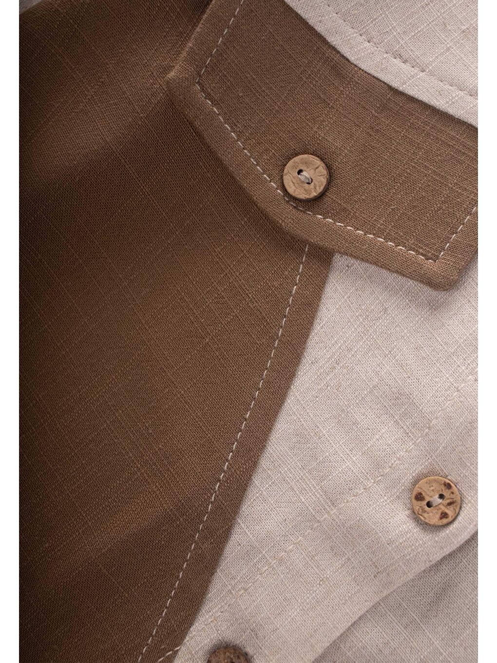 Bej İki Renkli Keten Gömlek 2-7 Yaş Naturel-Caramel-2