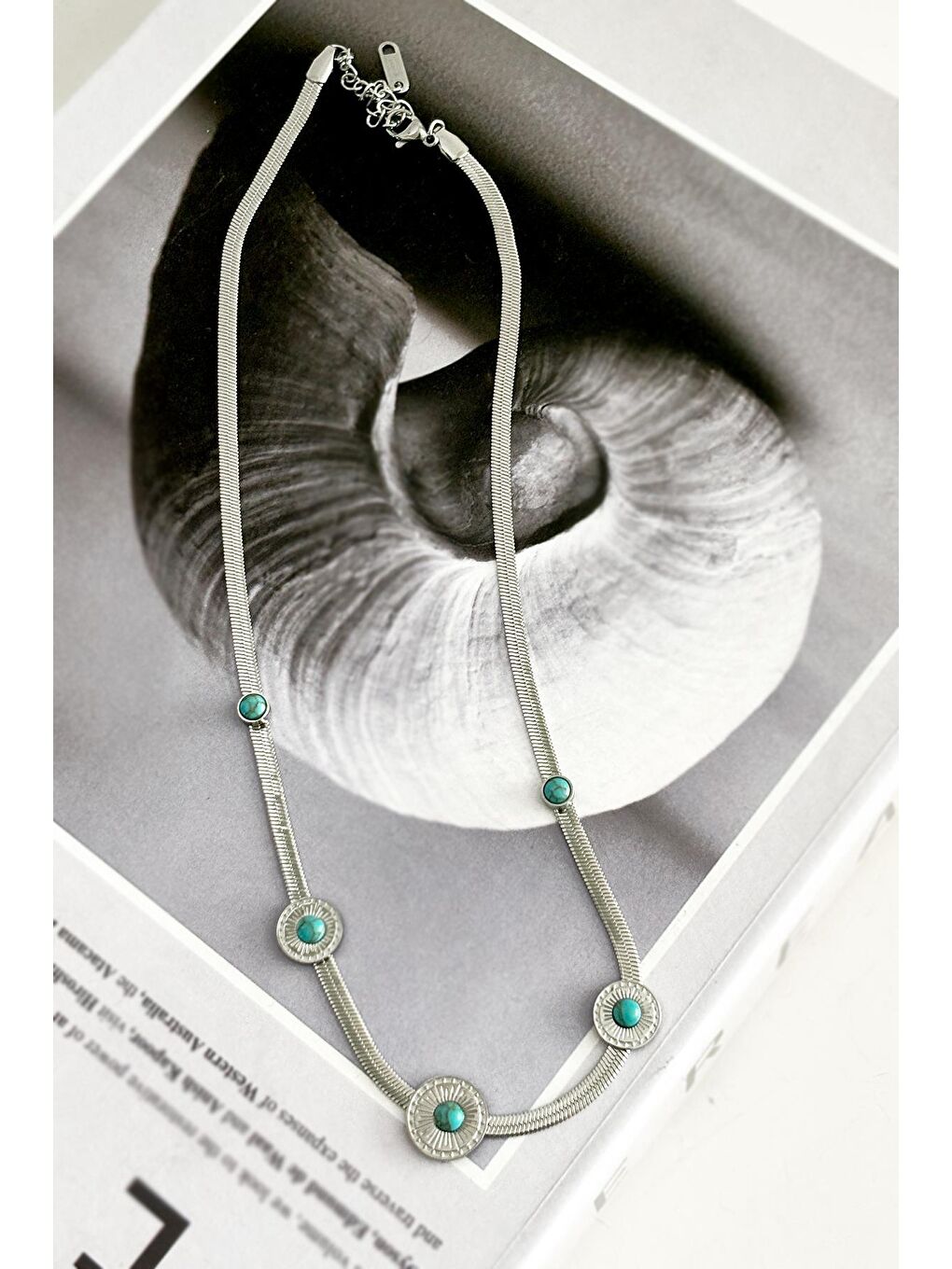 Gri Gümüş Rengi Etnik Model Turkuaz Taşlı Paslanmaz çelik kadın Kolye-1