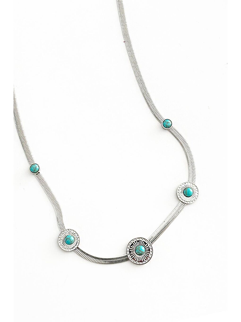Gri Gümüş Rengi Etnik Model Turkuaz Taşlı Paslanmaz çelik kadın Kolye-2