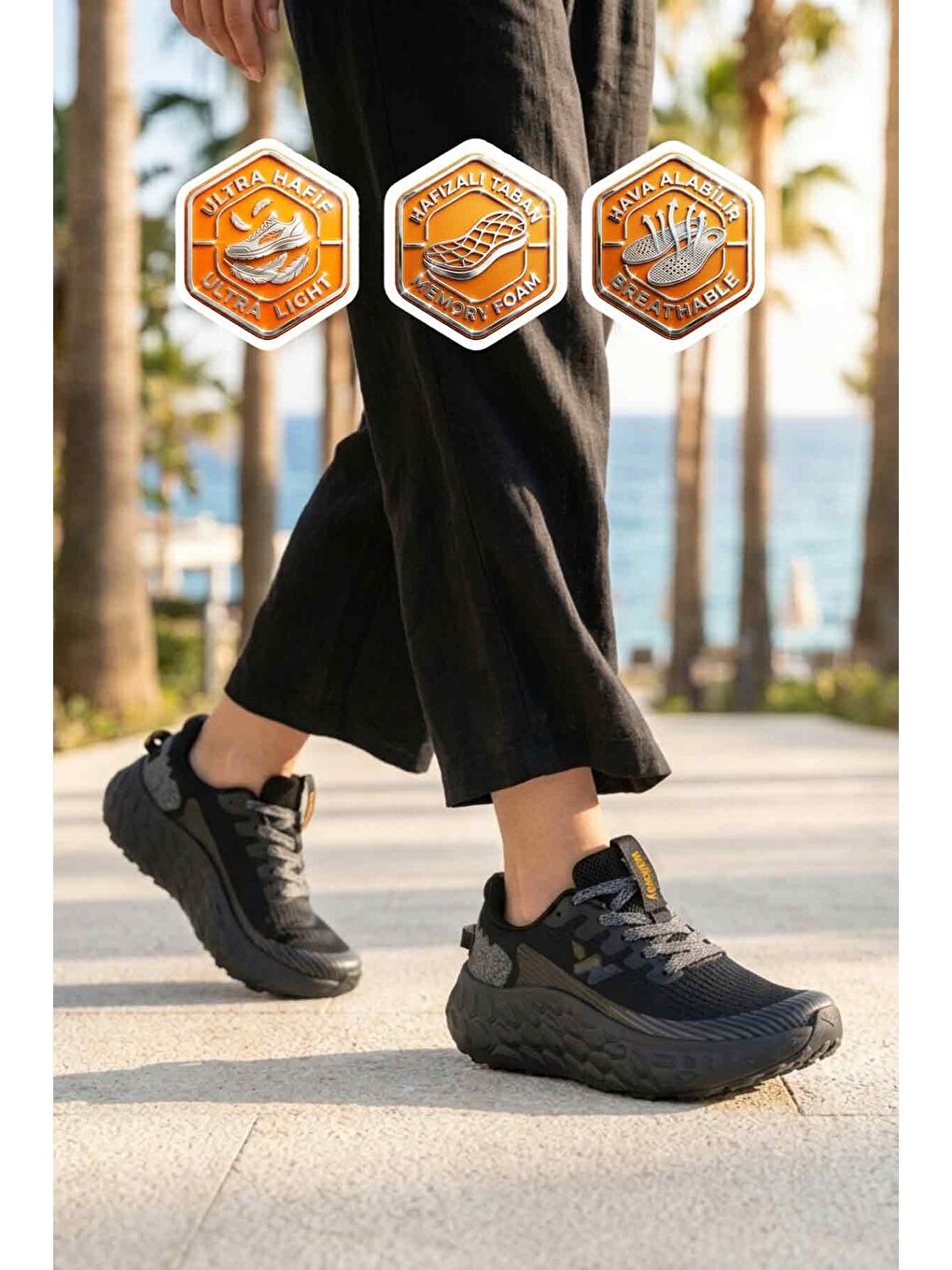 Siyah Fileli Hafif Esnek Hafızalı Taban Unisex Spor Ayakkabı Flystep G-1