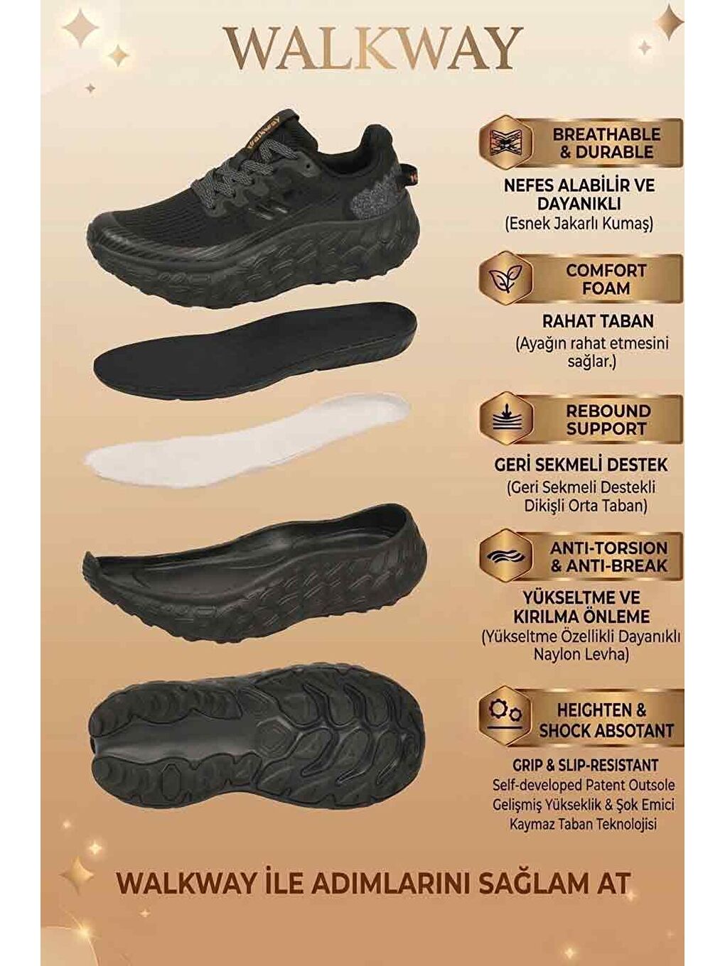 Siyah Fileli Hafif Esnek Hafızalı Taban Unisex Spor Ayakkabı Flystep G-4