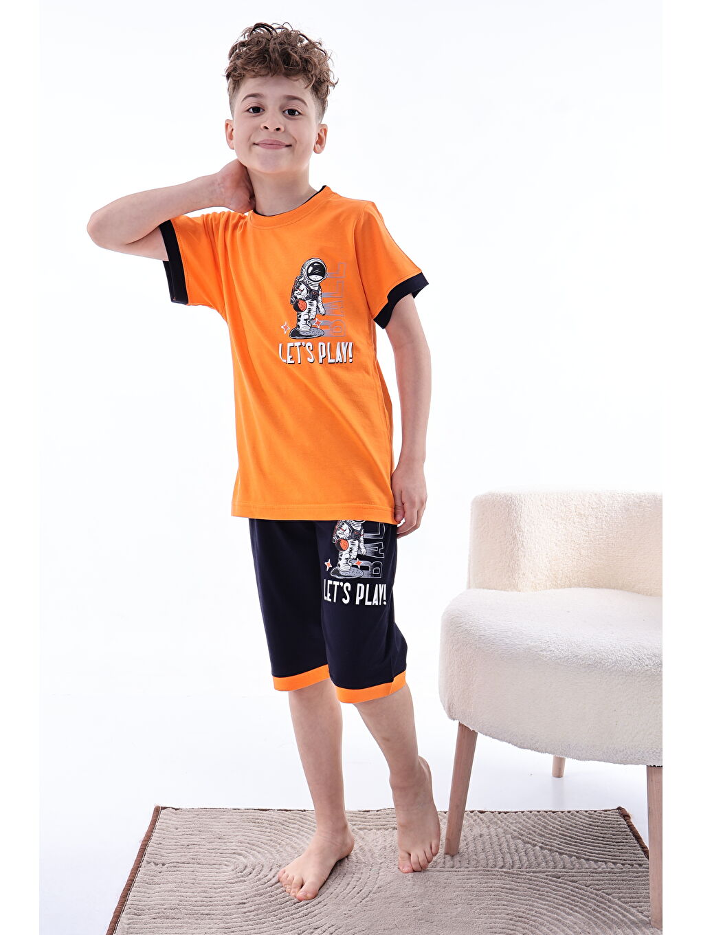 Turuncu Erkek Çocuk %100 Doğal Pamuk Kısa Kollu Kısa Kollu Kaprili Pijama Takımı