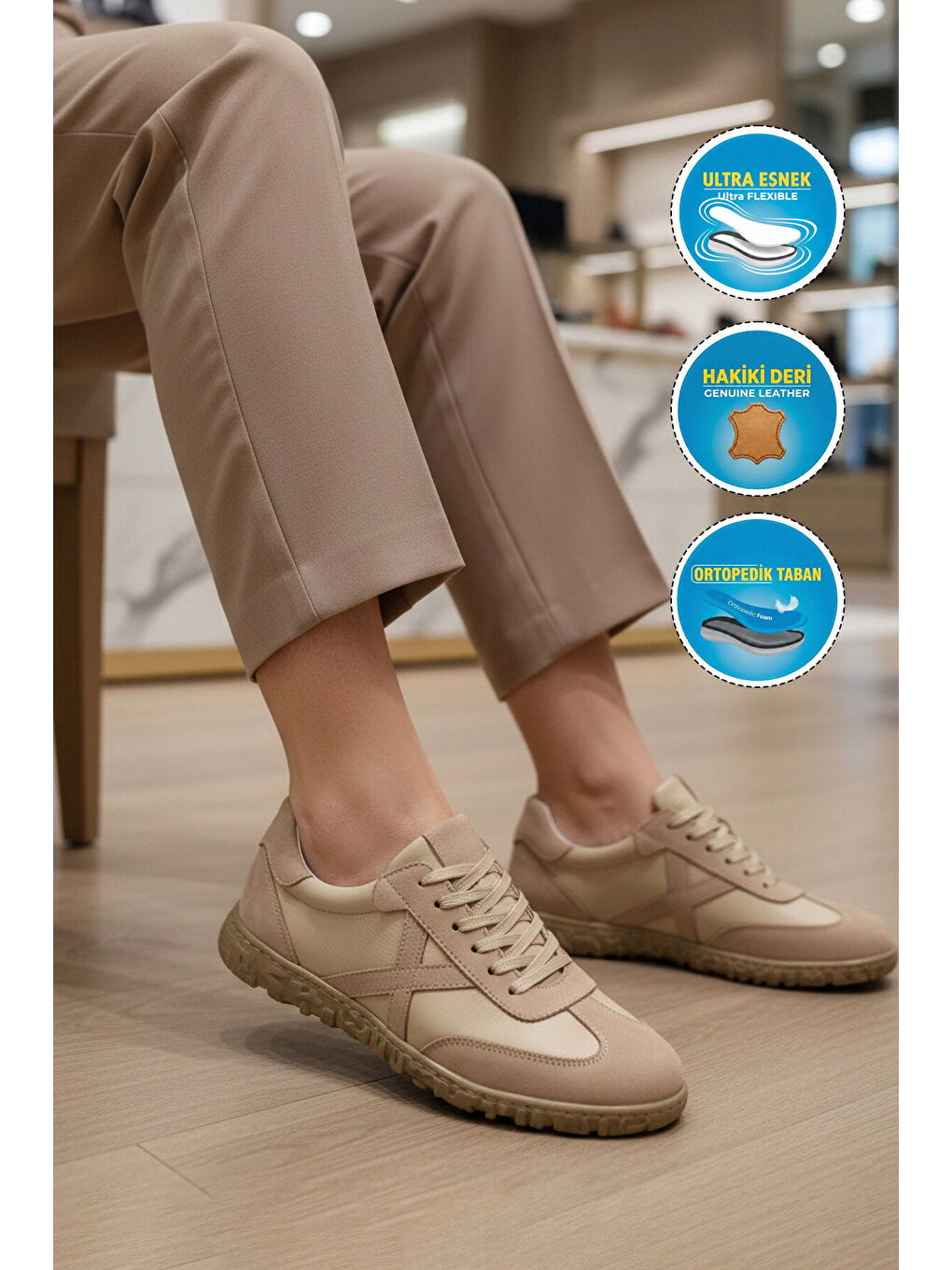 Bej Hakiki Deri Anatomik Kadın Casual Ayakkabı F-003 Z-2