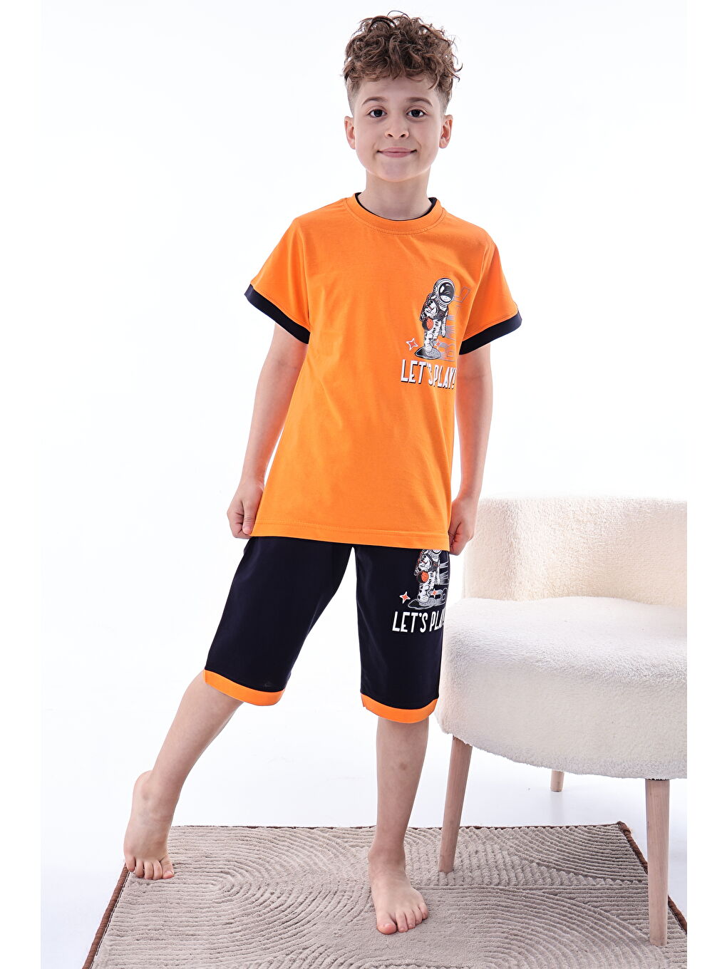 Turuncu Erkek Çocuk %100 Doğal Pamuk Kısa Kollu Kısa Kollu Kaprili Pijama Takımı-1