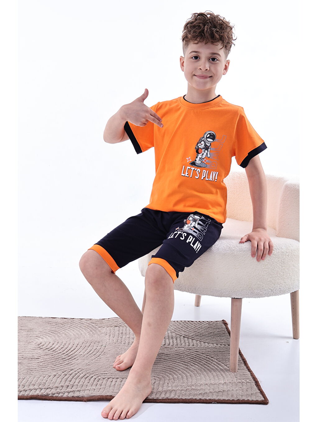 Turuncu Erkek Çocuk %100 Doğal Pamuk Kısa Kollu Kısa Kollu Kaprili Pijama Takımı-3