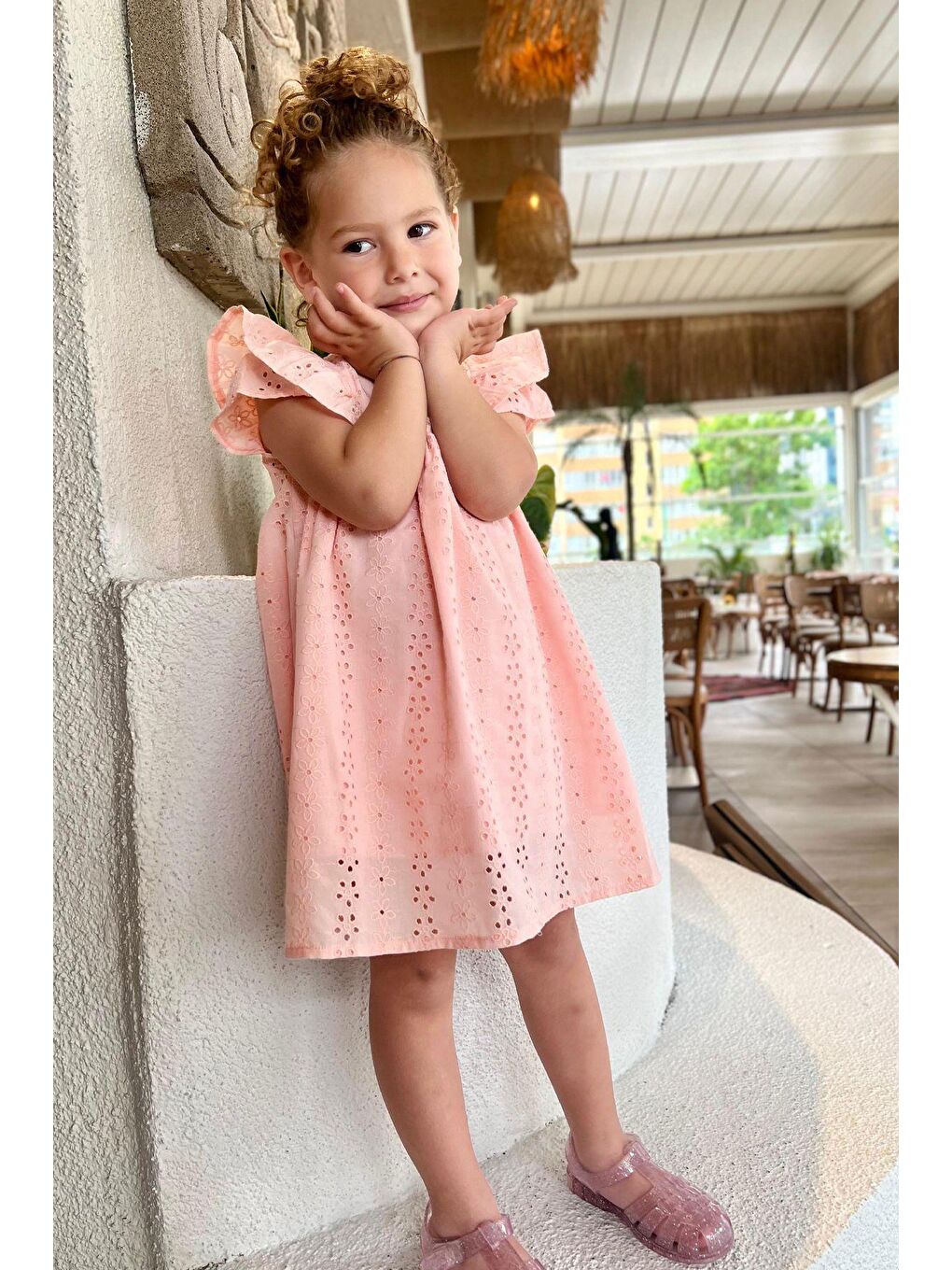Pembe Kız Çocuk Fistolu Pamuklu Astarlı Elbise-2